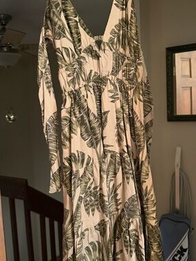 Angie Green and Cream Tropical Leaf Maxi Dress
